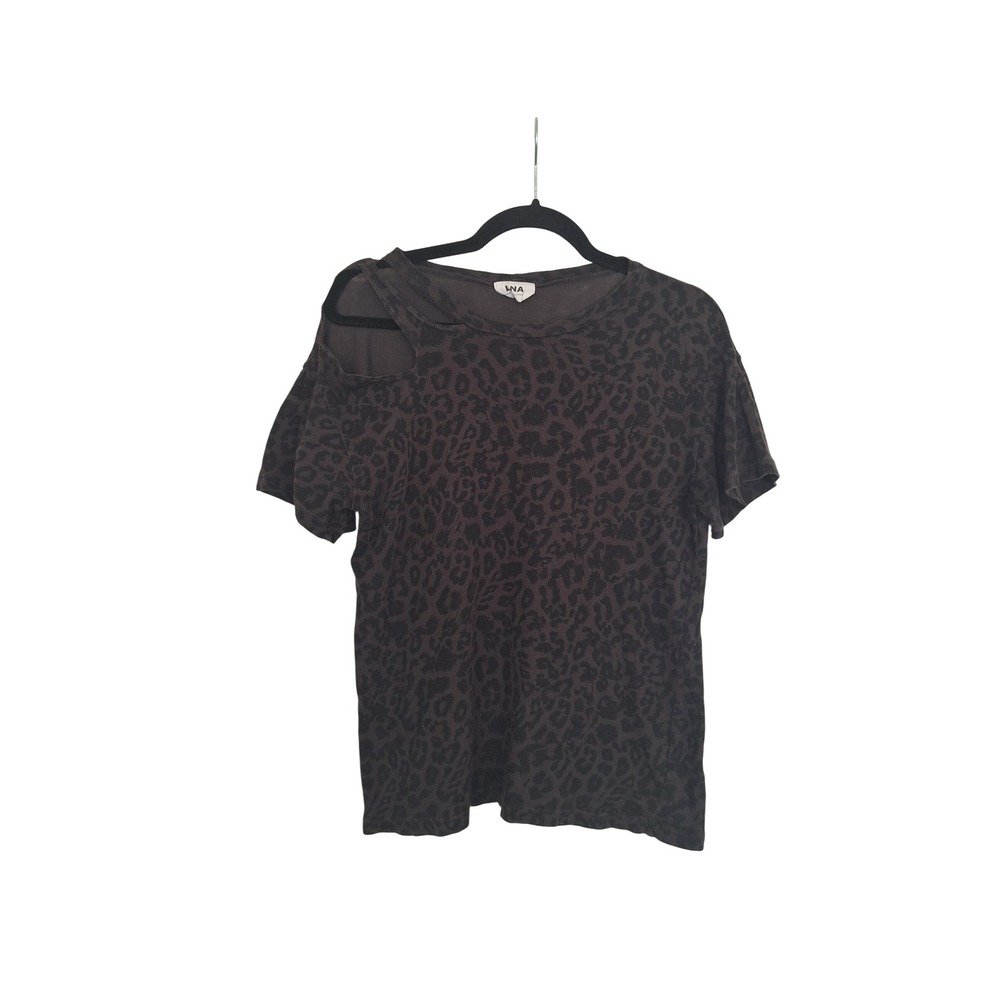 LNA Womens Leopard Print Shoulder Cutout Tee Charcoal Grey Black Cotton Small